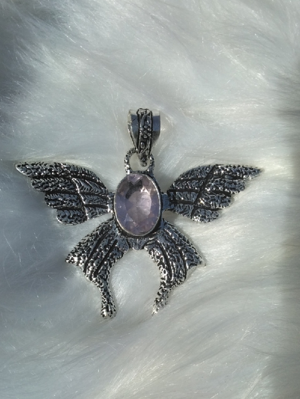 Pink Chalcedony Winged Angel  Silver Plated Gemstone Necklace Pendant